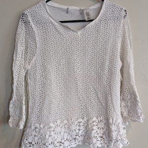 Alfred Dunner White Crochet Mesh Outer Stretchy Inner Lining Blouse Petite XL